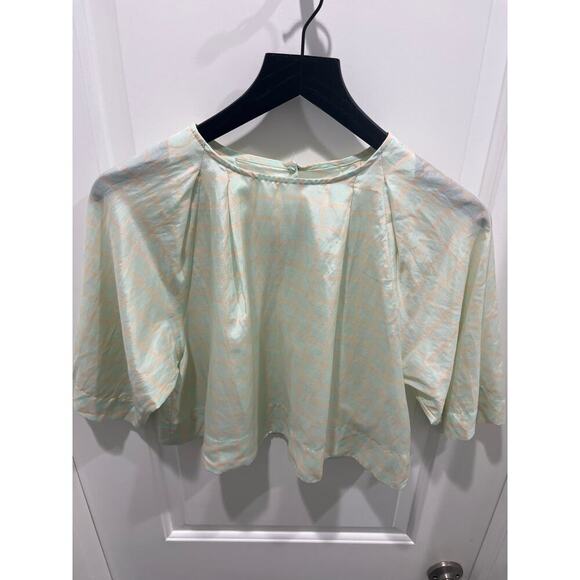 Apiece Apart Roberta Crop Top Short Sleeve Mint Green Grid Blouse Sz 4 - Picture 6 of 8